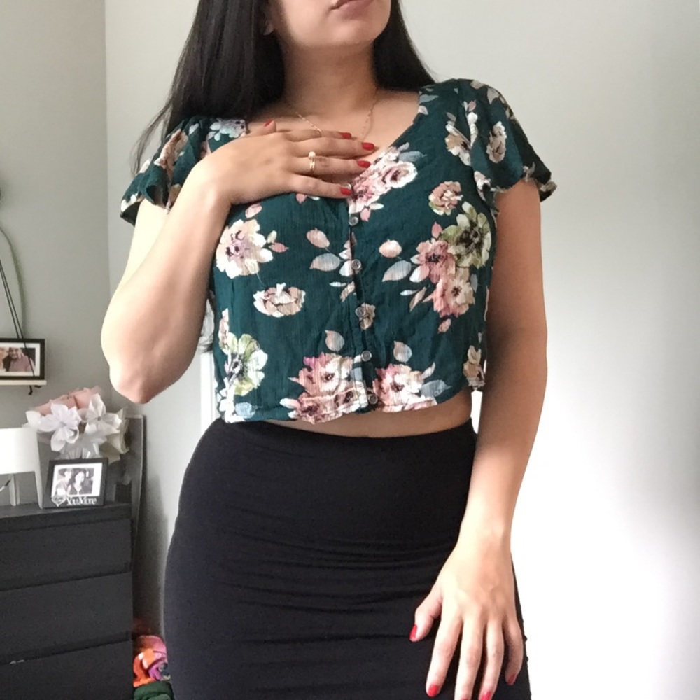 Floral Green Button Down Crop Top